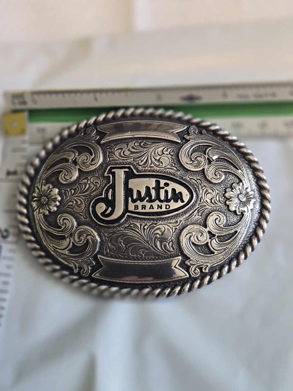 Vintage 80's Justin Boots Promo Engraved Floral Western Belt Buckle